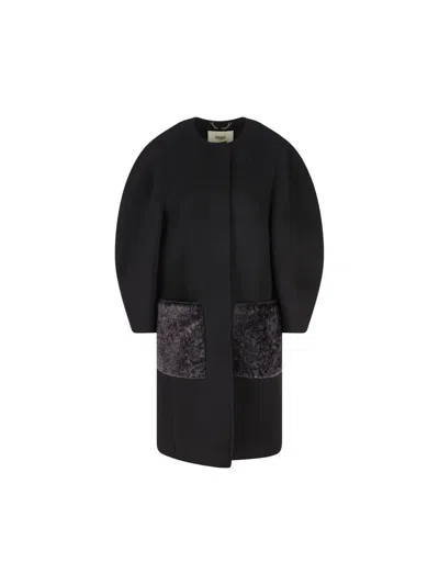 Fendi Women Black Crewneck Coat With Puffed Sleeves And Two Front Shearling Pockets In Wool Blend Wo In Black