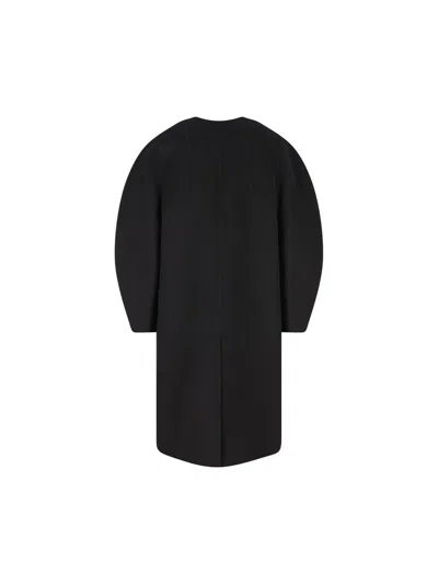 Fendi Women Black Crewneck Coat With Puffed Sleeves And Two Front Shearling Pockets In Wool Blend Wo In Black