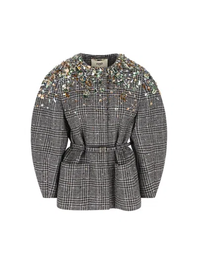 Fendi Crystal-embellished Jacket In Gray