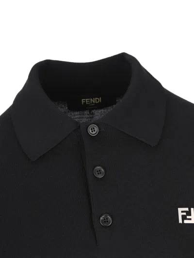 Fendi Stretch Wool Polo Shirt With Ribbed Cuffs And Hem In Black