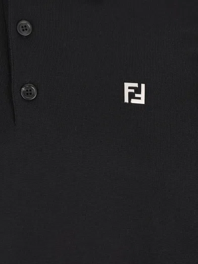 Fendi Stretch Wool Polo Shirt With Ribbed Cuffs And Hem In Black