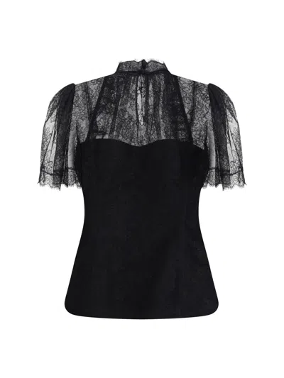 Alexander Mcqueen High Neck Sheer Lace Short Sleeve Top In Black