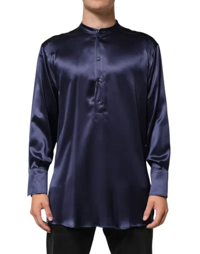 Pre-owned Dolce & Gabbana Navy Silk Long Sleeve Mandarin Collar Men's Shirt () In Blue
