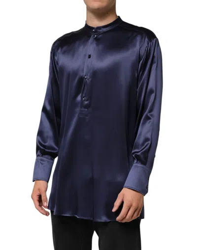 Pre-owned Dolce & Gabbana Navy Silk Long Sleeve Mandarin Collar Men's Shirt () In Blue