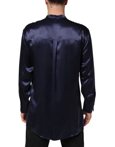 Pre-owned Dolce & Gabbana Navy Silk Long Sleeve Mandarin Collar Men's Shirt () In Blue