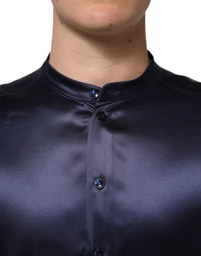 Pre-owned Dolce & Gabbana Navy Silk Long Sleeve Mandarin Collar Men's Shirt () In Blue