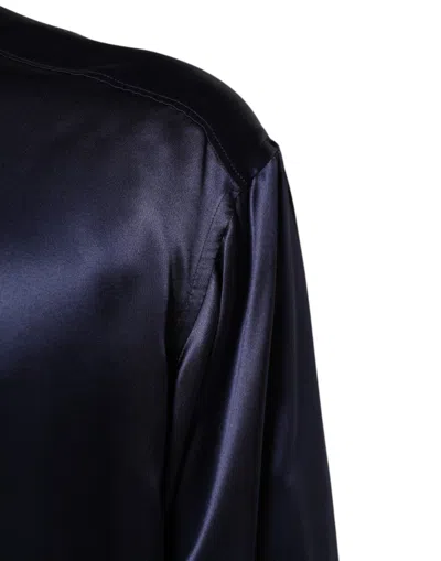 Pre-owned Dolce & Gabbana Navy Silk Long Sleeve Mandarin Collar Men's Shirt () In Blue