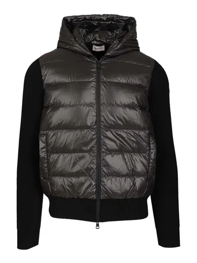 Moncler Hooded Quilted Sweater Ribbed Sleeves In Black
