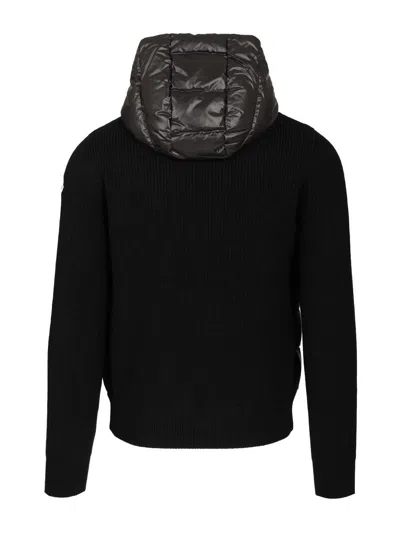 Moncler Hooded Quilted Sweater Ribbed Sleeves In Black