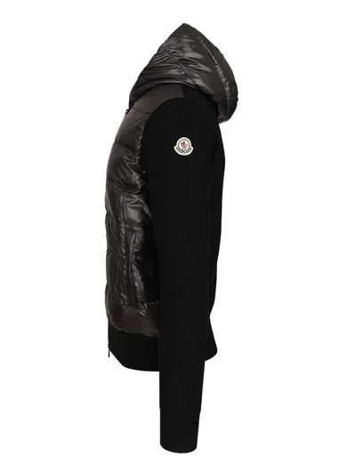 Moncler Hooded Quilted Sweater Ribbed Sleeves In Black