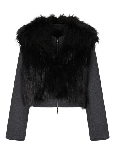 Emporio Armani Polygon Capsule Collection Two-in-one Wool Cloth Jacket With Faux Fur Gilet In Black
