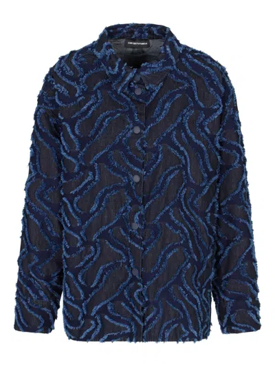 Emporio Armani Fringed Embossed-motif Jacquard Denim Shirt Jacket In Multi