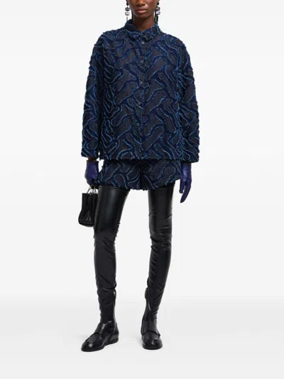 Emporio Armani Fringed Embossed-motif Jacquard Denim Shirt Jacket In Multi