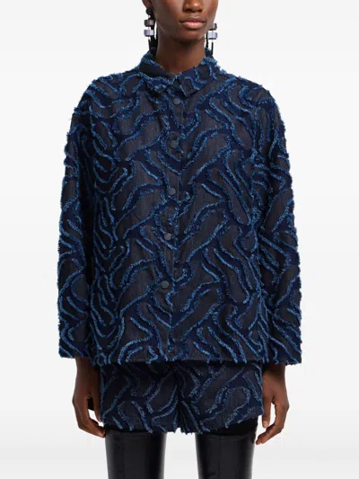 Emporio Armani Fringed Embossed-motif Jacquard Denim Shirt Jacket In Multi