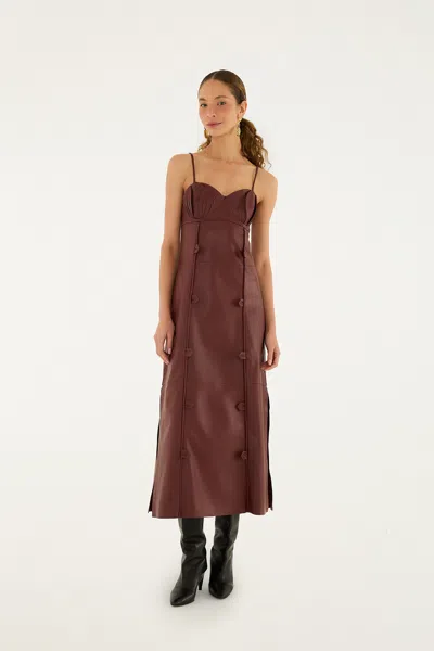 Farm Rio Burgundy 3d Flower Side Slit Leather Midi Dress In Brown