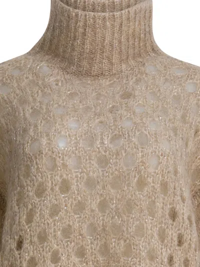 Brunello Cucinelli Women Dazzling Net Turtleneck Sweater Made Of Mohair And Wool Wispy In Brown