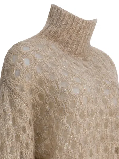 Brunello Cucinelli Women Dazzling Net Turtleneck Sweater Made Of Mohair And Wool Wispy In Brown