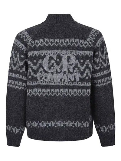 C.p. Company Graphic Patterned Wool Cardigan With High Collar In Gray