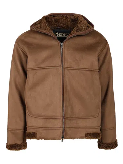 Herno Hooded Jacket With Front Pockets And Sleeves In Brown