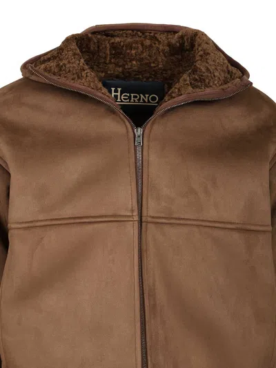 Herno Hooded Jacket With Front Pockets And Sleeves In Brown