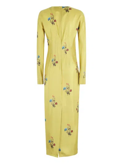 Marni Silk Dress With Long Sleeves And Embroidery In Yellow