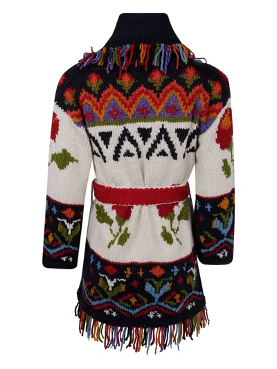 Frantic Multicolored Knit Cardigan With Fringe And Oversized Shawl Collar In White