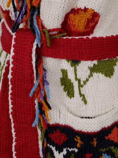 Frantic Multicolored Knit Cardigan With Fringe And Oversized Shawl Collar In White