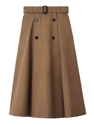 Burberry Midi A-line Skirt With Belt And Buttons In Brown