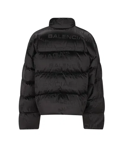 Balenciaga Men Nylon Down Jacket With All-over Lettering Logo In Black