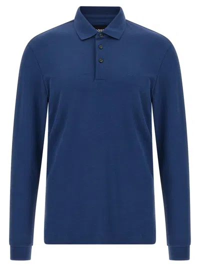 Hugo Boss Embroidery Long-sleeve Polo Shirt In Blue