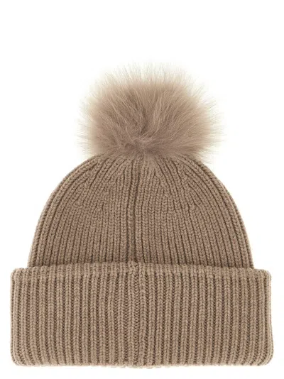 Fendi Pompon Beanie Hats Beige In Brown
