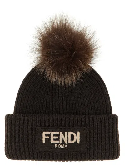 Fendi Brown Pompon Embroidered Logo Beanie Hat In Black
