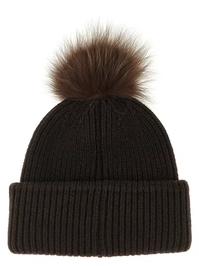 Fendi Brown Pompon Embroidered Logo Beanie Hat In Black