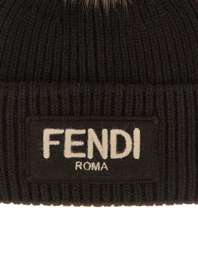 Fendi Brown Pompon Embroidered Logo Beanie Hat In Black