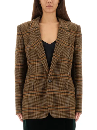 Saint Laurent Checked Pattern Jacket Flap Pockets In Brown
