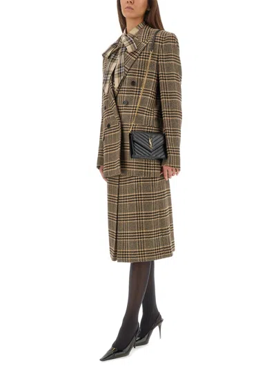 Saint Laurent Jacket In Prince Of Wales Silk And Cashmere In Brown