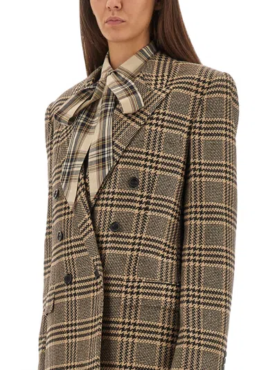 Saint Laurent Jacket In Prince Of Wales Silk And Cashmere In Brown