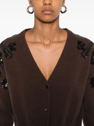 Ermanno Firenze Floral-embroidered Wool Cardigan In Brown