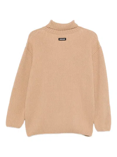 Msgm Turtleneck Sweater With Contrast Hem And Long Sleeves In Brown