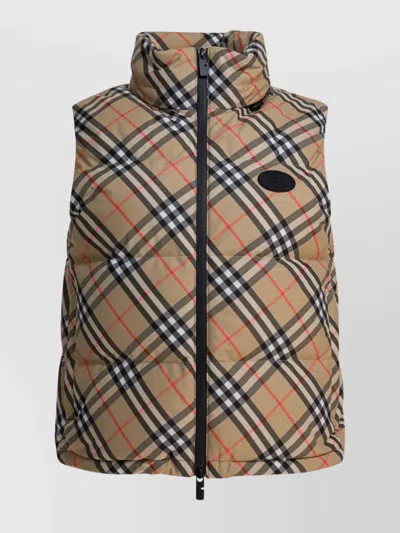 Burberry Sleeveless Down Jacket Featuring Check Pattern In Brown