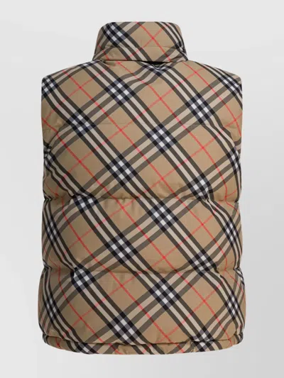 Burberry Sleeveless Down Jacket Featuring Check Pattern In Brown