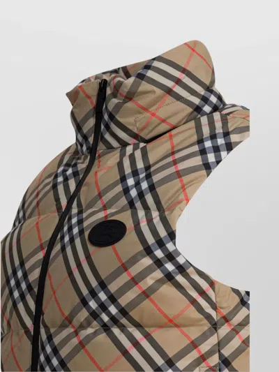 Burberry Sleeveless Down Jacket Featuring Check Pattern In Brown