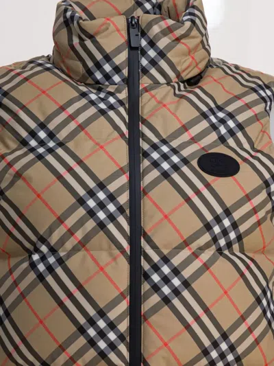 Burberry Sleeveless Down Jacket Featuring Check Pattern In Brown
