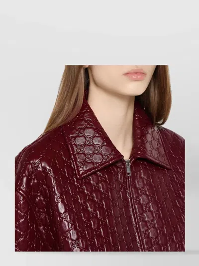 Gucci Women Oversized Leather Jacket With Embossed Gg In Red