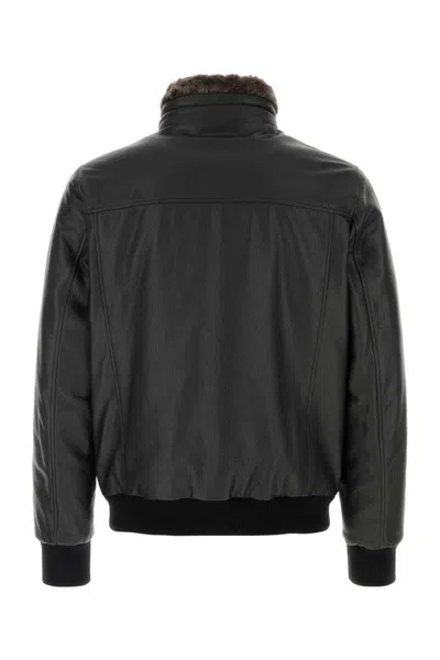 Moorer High Neck Textured Jacket With Fur Collar In Black