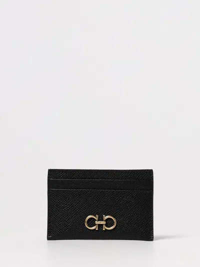 Ferragamo Black Card-holder With Gancini Detail In Hammered Leather Woman In Black