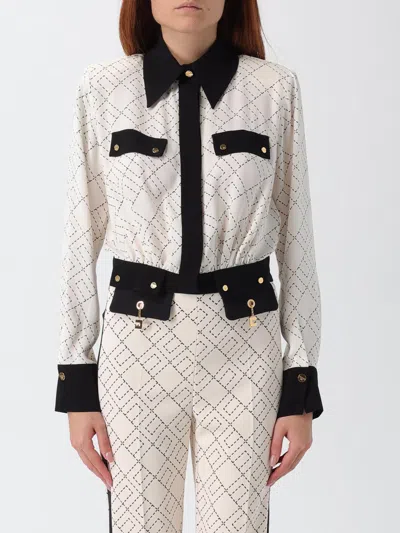 Elisabetta Franchi Bi-color Shirt With Gold Accents And Geometric Pattern In White