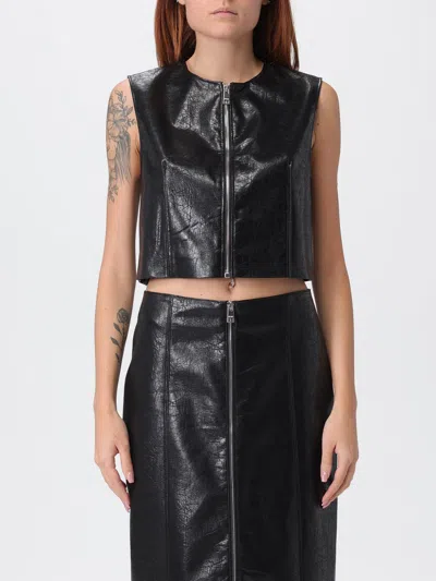 Msgm Textured Black Faux Leather Sleeveless Top With Front Zipper In Animal Print