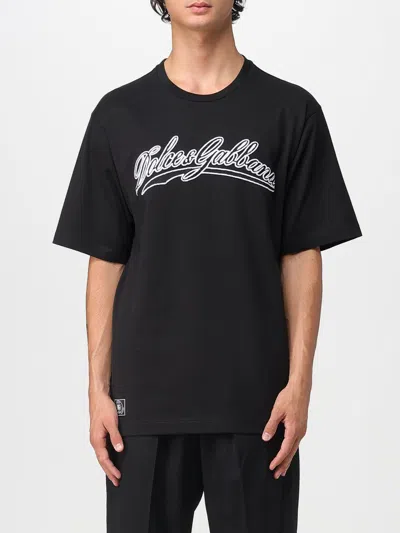 Dolce & Gabbana Men Cotton T-shirt With Embossed Logo Embroidery In Black