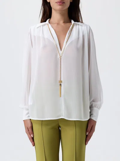 Elisabetta Franchi Chic Long Sleeve Sheer Top With Chain In White